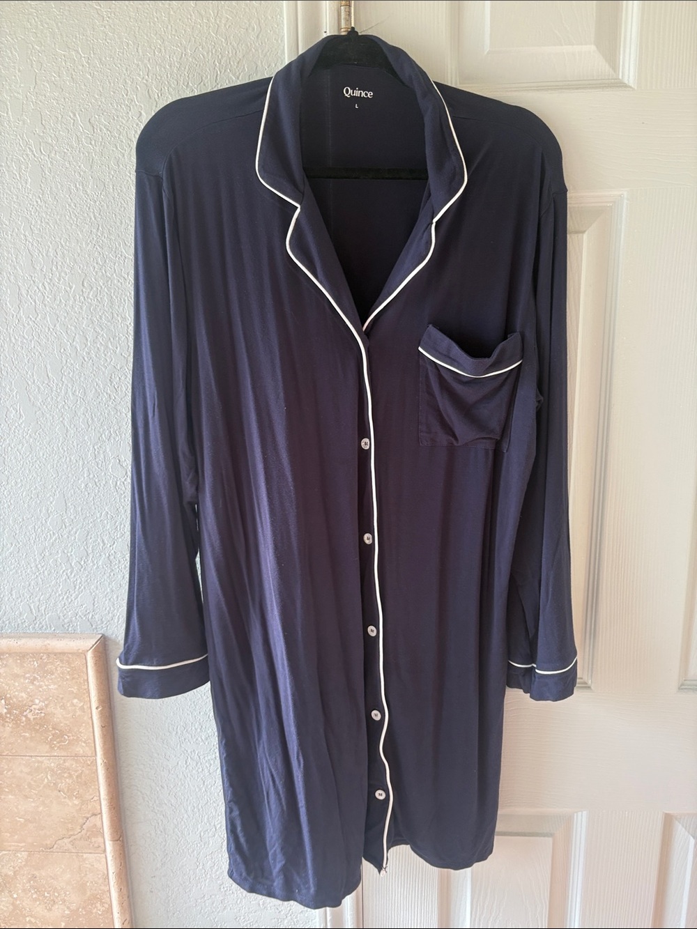Quince Bamboo Jersey Sleep Navy Long Button-Front Pajama Shirt with White Piping